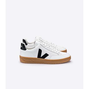 Women's Veja V-12 LEATHER Sneakers White/Black/Beige | ZA 670LIS